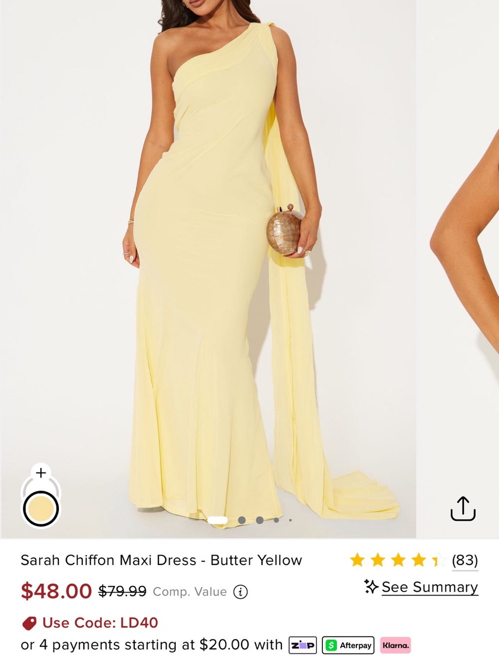 Fashion Nova One-Shoulder Chiffon Gown in Butter Yellow